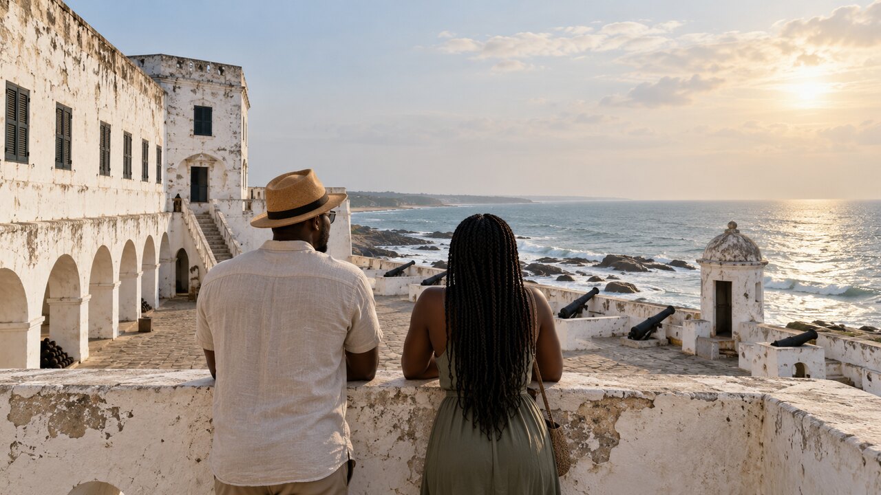 Illustrative photo of visitors overlooking the ocean from a coastal heritage fort