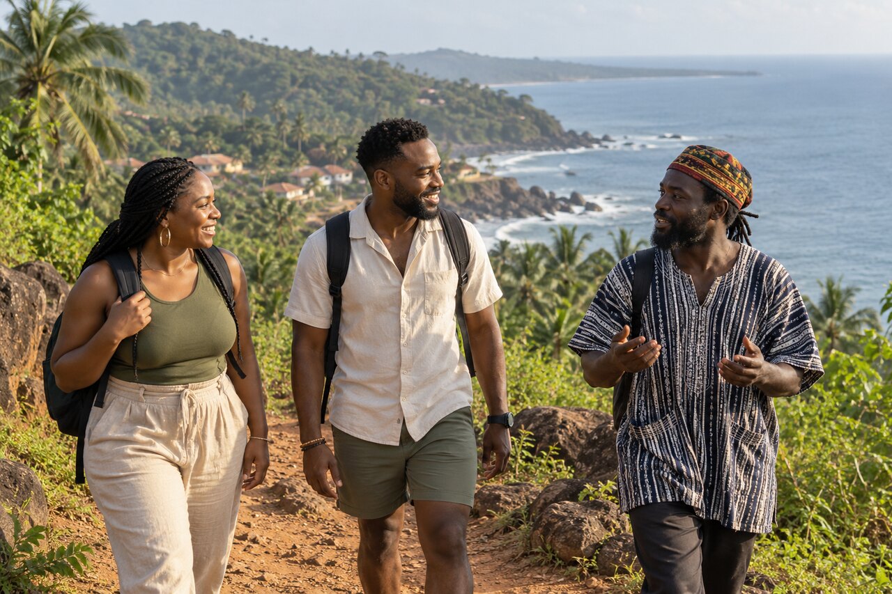 Illustrative photo of visitors exploring a West African coast with a guide