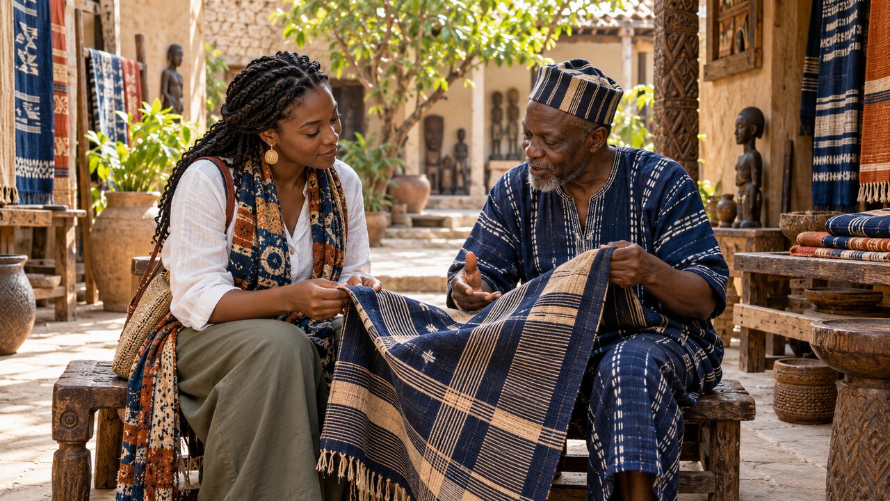 Illustrative photo of a visitor discussing Nigerian textiles with an artisan