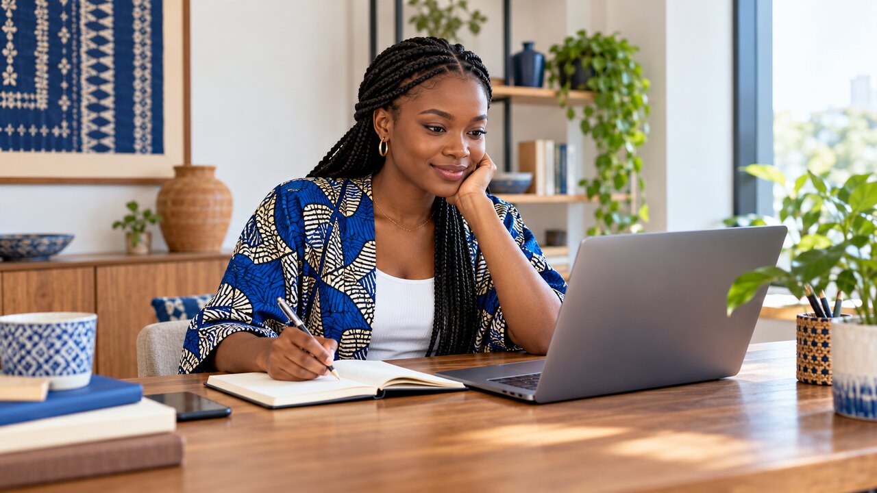 Illustrative photo of an African entrepreneur learning online