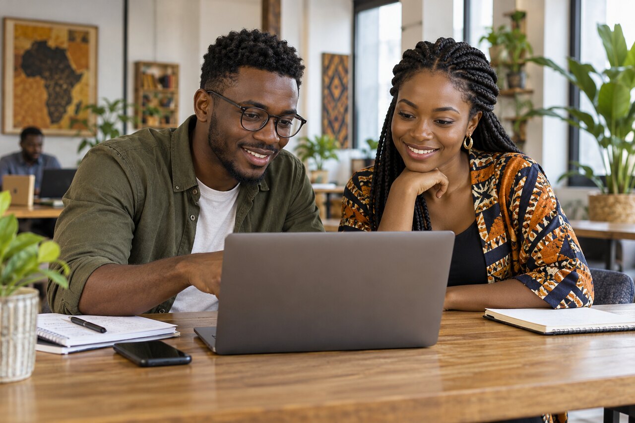 Illustrative photo of African professionals collaborating at a laptop
